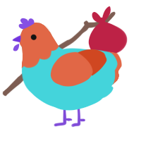 Andy Warhol, a aqua and vermilion chicken with a head pattern