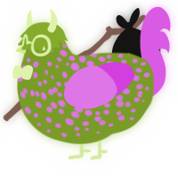 Charchid, a chartreuse and orchid chicken with a speckle pattern