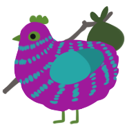 A fuchsia and turquoise chicken with a bar pattern