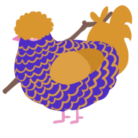 Nonbinary Havoc, a indigo and orange chicken with a lace pattern