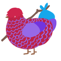 Cheshire Cat, a crimson and blurple chicken with a lace pattern
