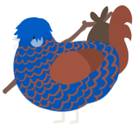 Paintbrush, a ultramarine and russet chicken with a lace pattern
