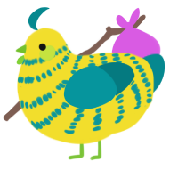 Lele, a yellow and teal chicken with a bar pattern