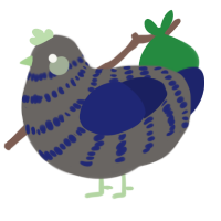 A grey and navy chicken with a bar pattern