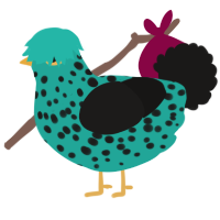 A turquoise and sable chicken with a speckle pattern