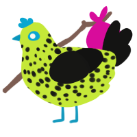 A lime and black chicken with a speckle pattern