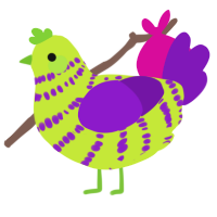 A lime and violet chicken with a bar pattern
