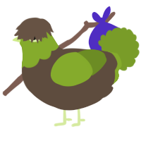 A bark and chartreuse chicken with a head pattern
