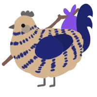 A beige and navy chicken with a bar pattern