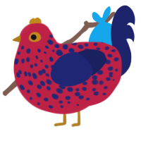 A crimson and navy chicken with a speckle pattern