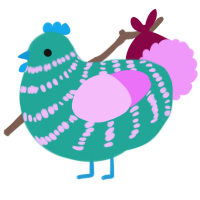 Biyu, a turquoise and lavender chicken with a bar pattern