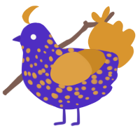 A indigo and orange chicken with a speckle pattern