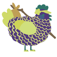 A indigo and yellow chicken with a lace pattern