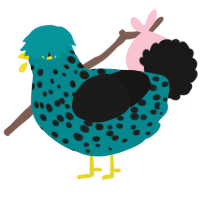 Door Stopper, a teal and sable chicken with a speckle pattern