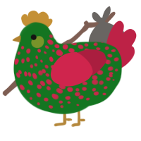A leaf and crimson chicken with a speckle pattern