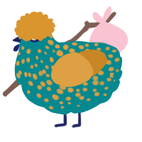 A teal and orange chicken with a speckle pattern