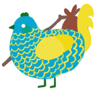A cerulean and yellow chicken with a lace pattern