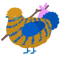 A ochre and ultramarine chicken with a bar pattern