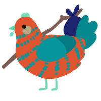 Olsen, a vermilion and teal chicken with a bar pattern