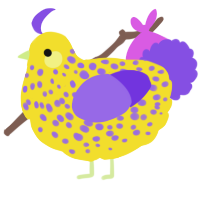 A yellow and blurple chicken with a speckle pattern