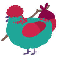 A turquoise and crimson chicken with a neck-speckle pattern