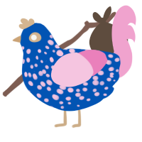 A ultramarine and pink chicken with a speckle pattern