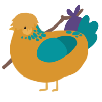 A orange and teal chicken with a neck-speckle pattern