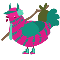 A fuchsia and teal chicken with a bar pattern