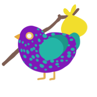 Fuzzy Leprechaun, a violet and turquoise chicken with a speckle pattern