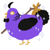 Enby Flag Razei, a blurple and black chicken with a neck-band pattern