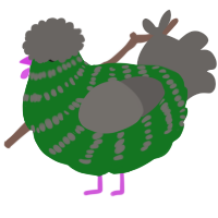 silkie, a leaf and grey chicken with a bar pattern
