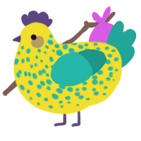 A yellow and turquoise chicken with a speckle pattern