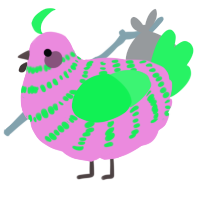 A leaf and fuchsia chicken with a bar pattern