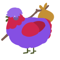 A blurple and crimson chicken with a head pattern
