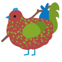 A red and chartreuse chicken with a speckle pattern