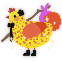A yellow and vermilion chicken with a speckle pattern