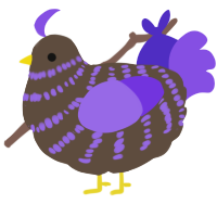 A bark and blurple chicken with a bar pattern
