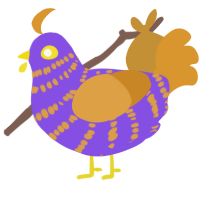 A blurple and orange chicken with a bar pattern
