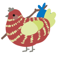 A red and lemon chicken with a bar pattern