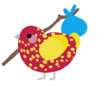 A crimson and yellow chicken with a speckle pattern