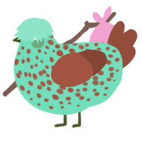 A turquoise and red chicken with a speckle pattern