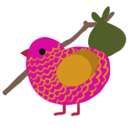 A fuchsia and ochre chicken with a lace pattern