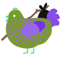 A chartreuse and blurple chicken with a speckle pattern