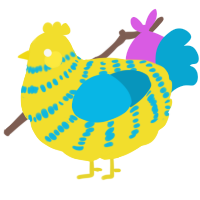 A yellow and cerulean chicken with a bar pattern