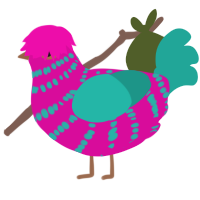 A fuchsia and turquoise chicken with a bar pattern