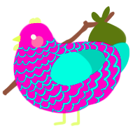 CMYK, a fuchsia and turquoise chicken with a lace pattern