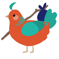 A vermilion and turquoise chicken with a neck-band pattern