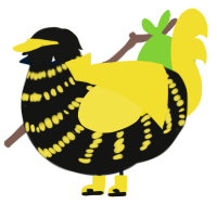 A black and yellow chicken with a bar pattern