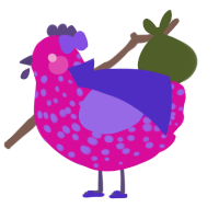 A fuchsia and blurple chicken with a speckle pattern