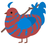 A red and sapphire chicken with a bar pattern